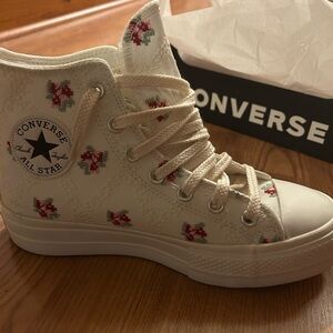Converse Cream High Top Sneakers with Red Floral Embroidery